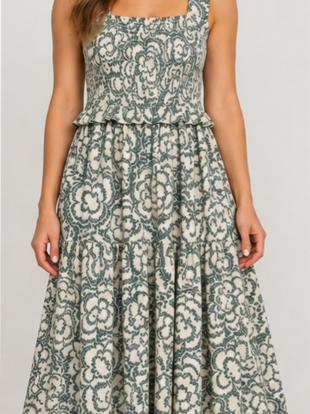 Nanette Lepore Play Dress Women L Green Cream Floral Smocked Ruffle Midi